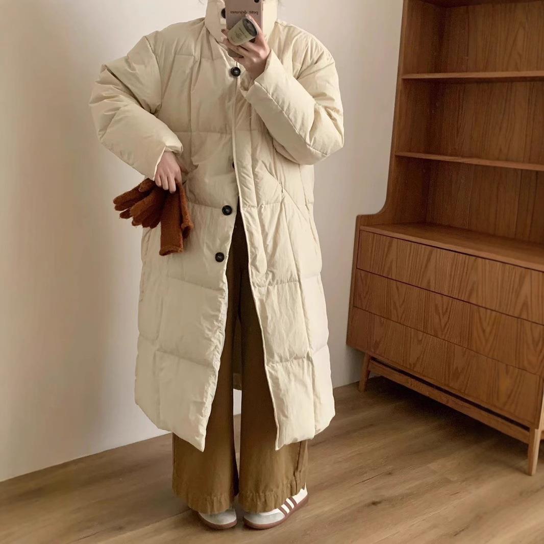 韩系立领纽扣过膝长款羽绒服女2025新款宽松白鸭绒慵懒风冬季外套