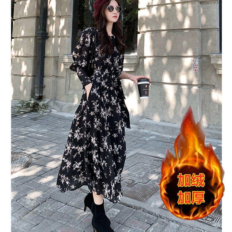 加绒加厚雪纺碎花连衣裙2025秋冬新款长款配大衣裙子内搭打底裙子