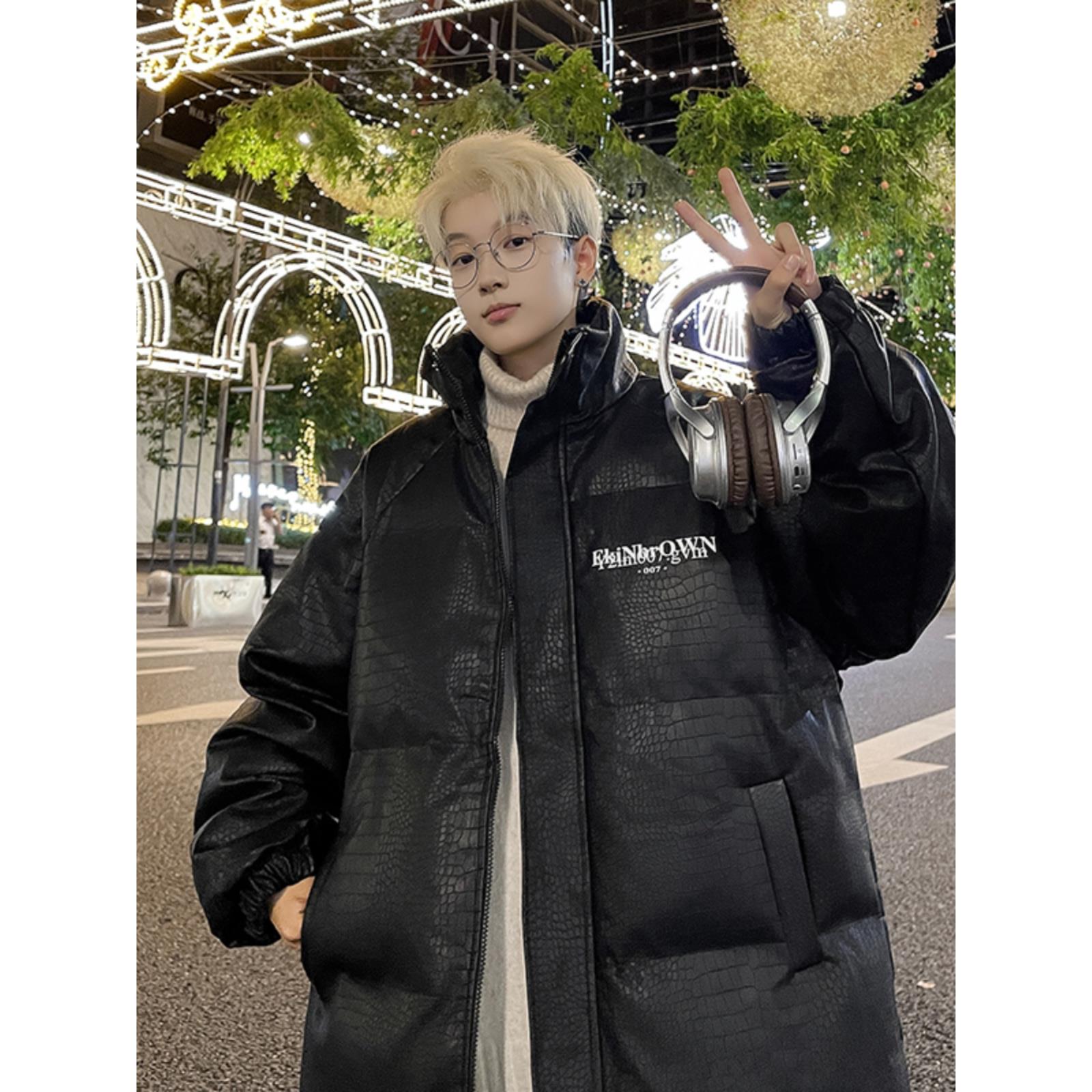 冬季情侣鳄鱼纹羽绒服免洗PU皮衣面包服男士宽松立领加厚保暖外套