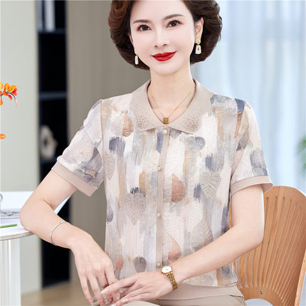 夏季新款中老年妈妈装冰丝T恤洋气显瘦上衣女短袖薄款翻领小衫