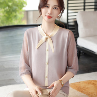 T恤中老年女装 中袖 夏季 纱袖 薄 妈妈春装 冰丝针织打底小衫 2026新款