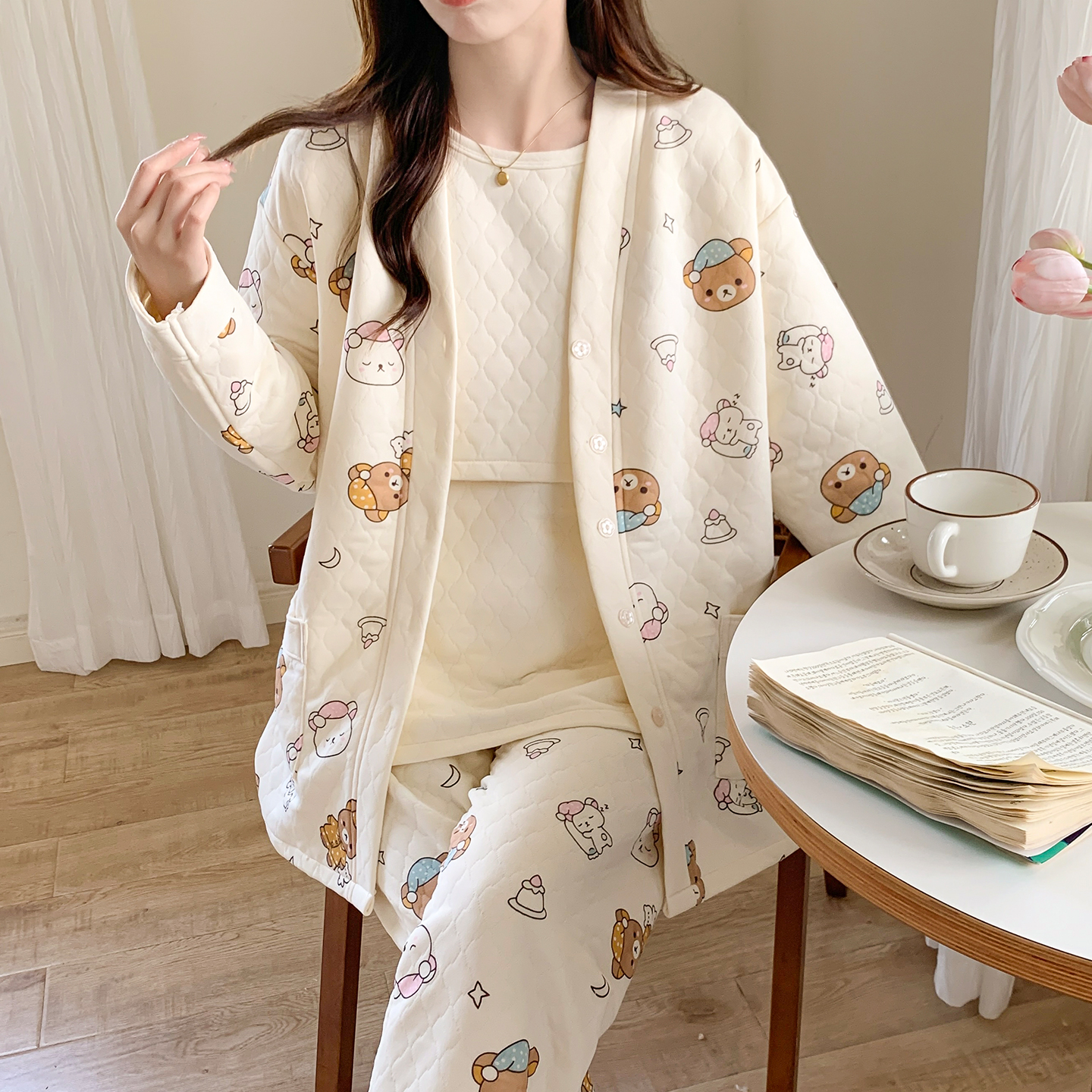 秋冬季空气棉三件套月子服春秋纯棉产后孕妇睡衣哺乳产妇10月份12