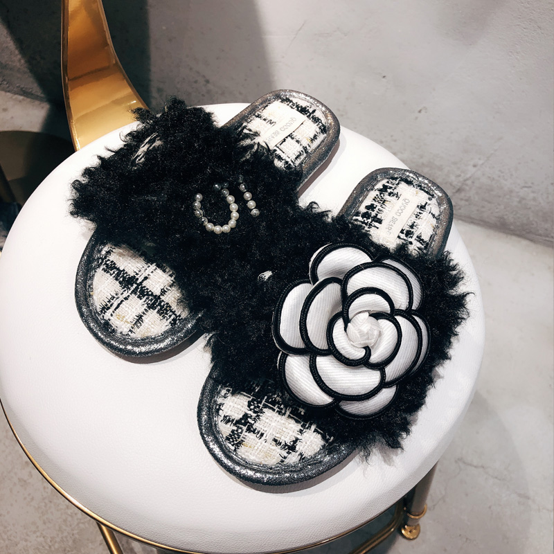 韩国专柜新款轻奢小香风卷卷毛绒花朵拖鞋女时尚高端呢料防滑拖鞋,居家布艺,居家棉拖/棉鞋,淘宝优惠券,粉丝福利购,淘宝优惠卷