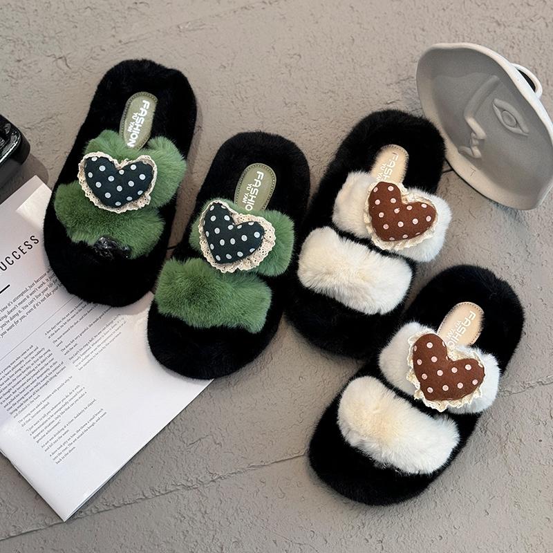 秋冬季厚底甜美毛毛拖鞋可爱波点桃心室内加绒保暖外穿女一字棉拖