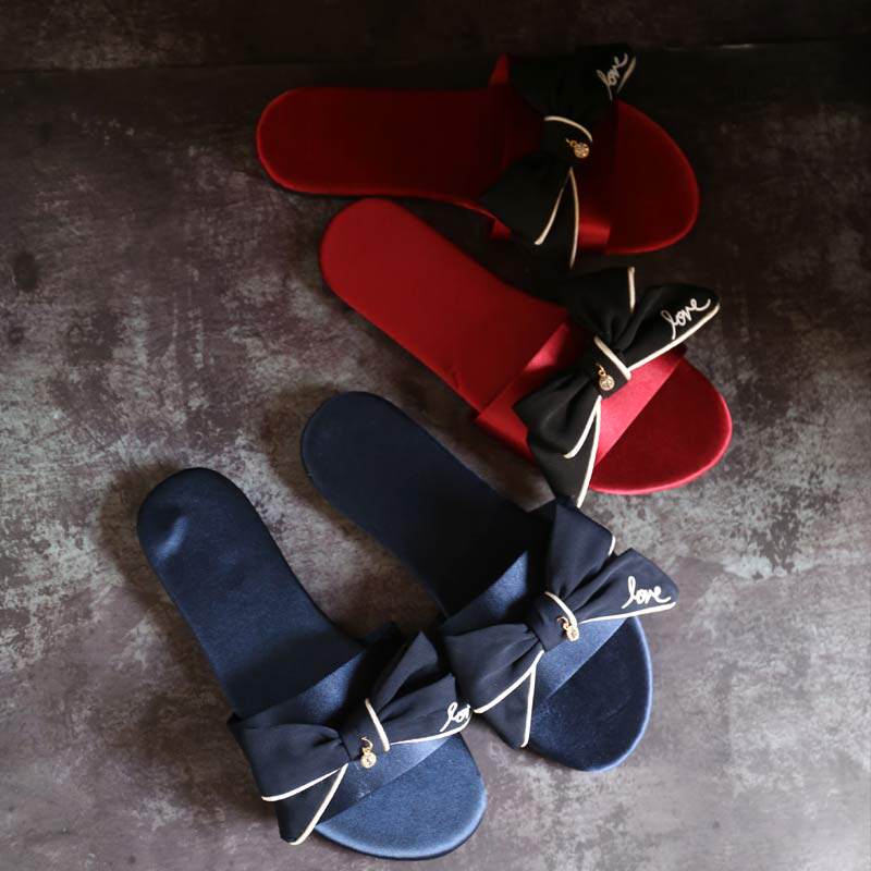 Small fragrant wind Versatile Sweet bow one word slipper Satin Fabric Flat bottom non-slip Home sandalsin the Women's Shoes, Slippers  category - from Buy2taobao.com to provide professional Taobao agent buy service