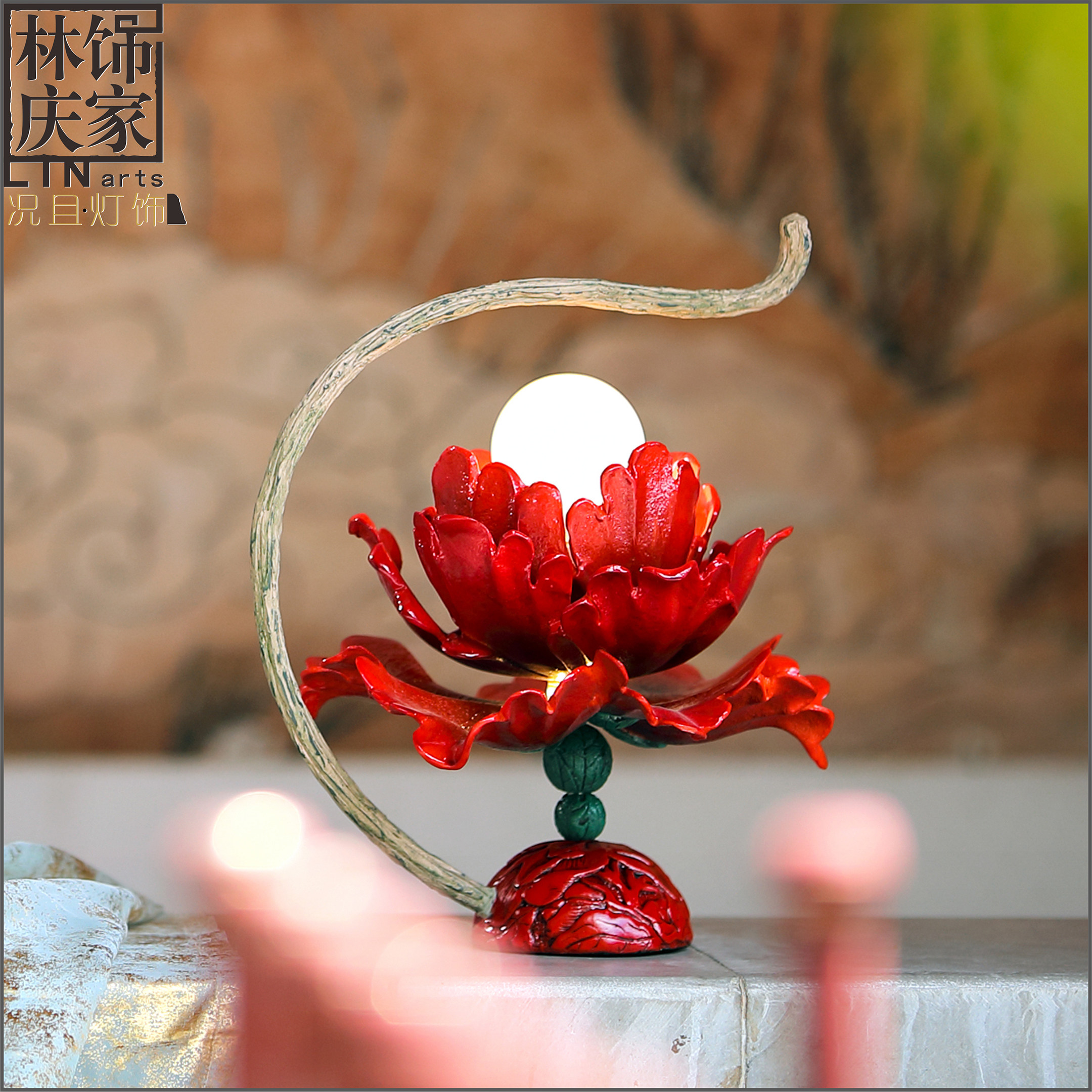 新古典客厅角几台灯中国风卧室床头灯手工树脂装饰汉服手提电池灯