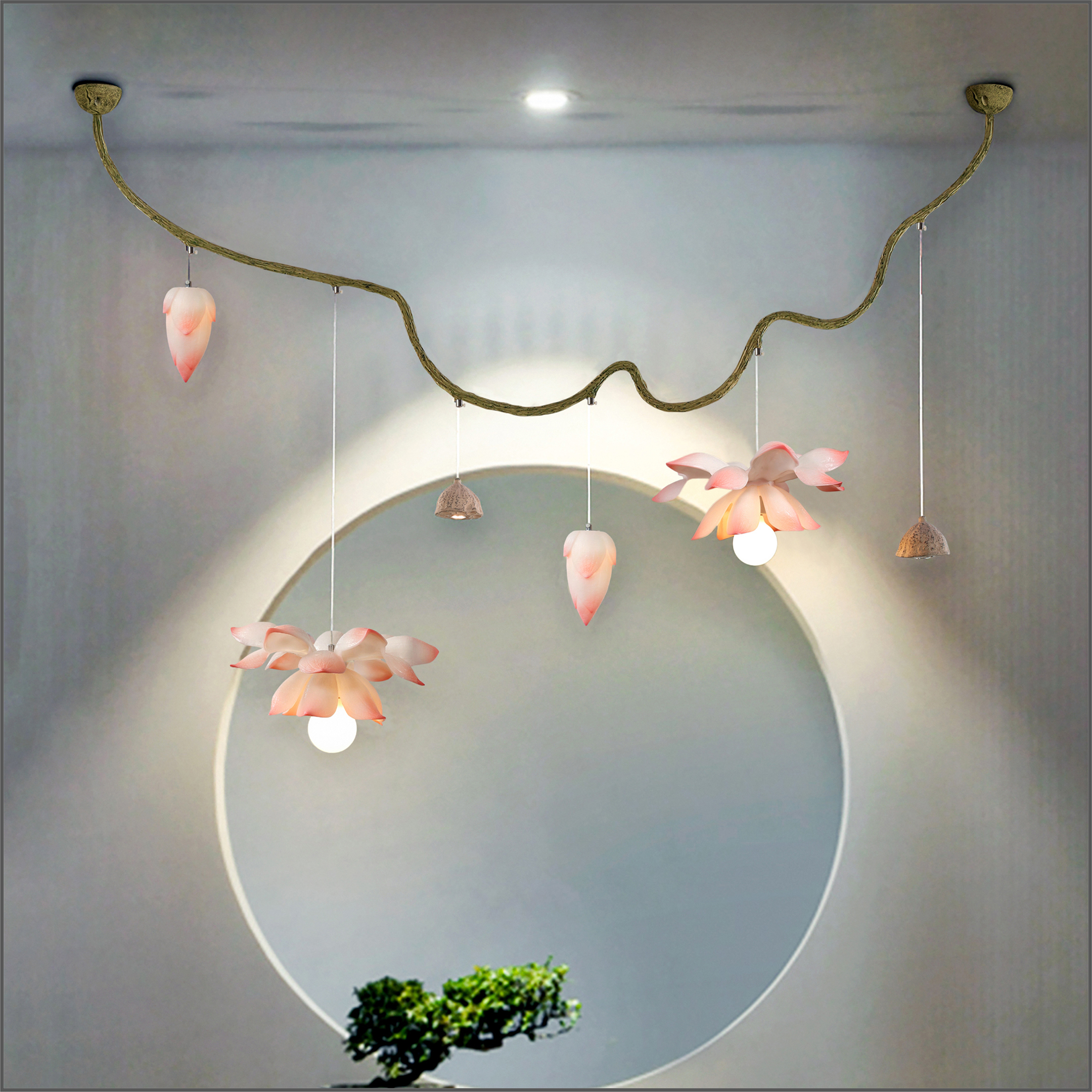 中式茶室餐厅装饰荷花灯长形吊灯