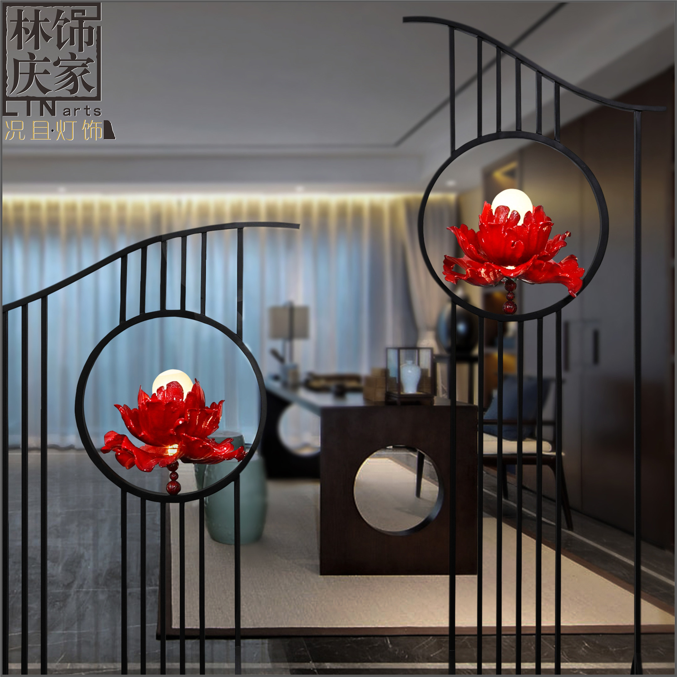 仿古中式落地灯中国风古典客厅玄关隔断屏风牡丹灯禅意实木装饰灯