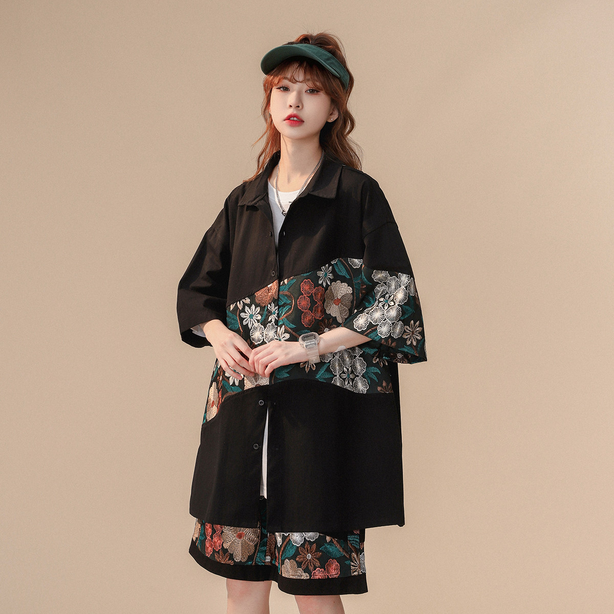 中性风刺绣套装女短裤女大码潮衬衫套装女短袖衬衫女DTZ7755P95,女装套装/套裙,星座226-1