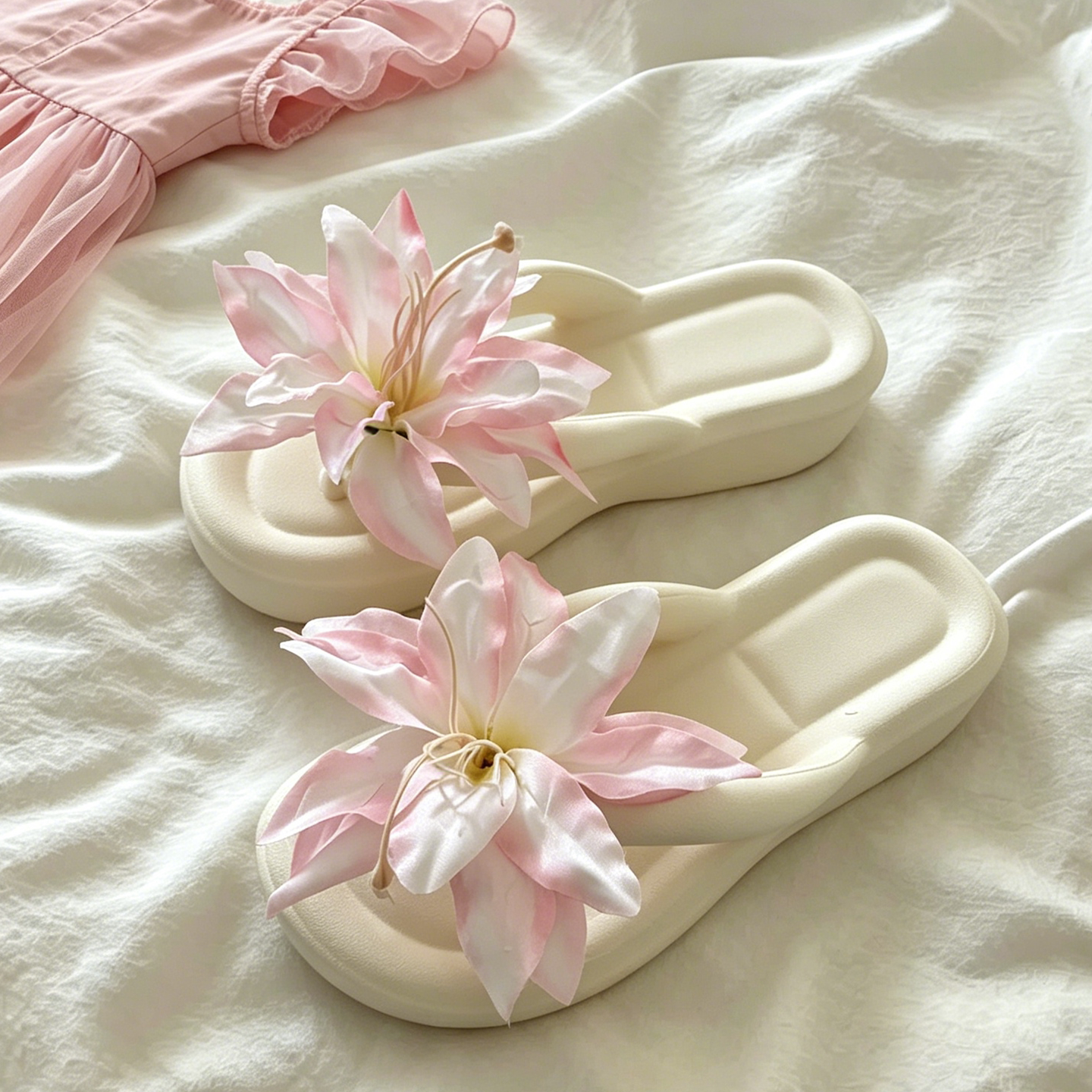 网红大花夹脚白百合拖鞋女松糕厚底居家外出百搭显高沙滩海边凉拖