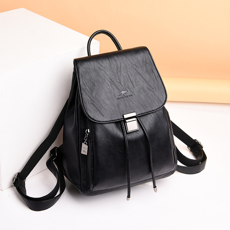 正品袋鼠真皮双肩背包2023新款时尚头层牛皮女包潮牌软皮小背包