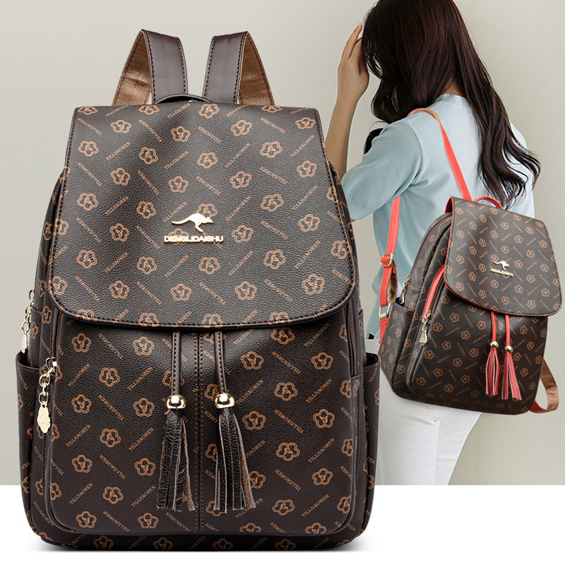 正品袋鼠双肩包女真皮2024新款时尚头层牛皮背包大妈妈旅行包软皮