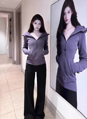 紫色修身卫衣女款2026新款短款外套春季高级感小个子连帽开衫显瘦