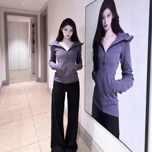 紫色修身卫衣女款2026新款短款外套春季高级感小个子连帽开衫显瘦