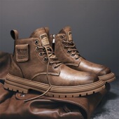男鞋 冬季 休闲时尚 马丁靴复古百搭工装 英伦风薄绒高帮皮靴新款 男士