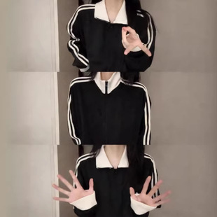韩系撞色立领外套女款早春季韩里韩气穿搭正肩短款卫衣夹克校服