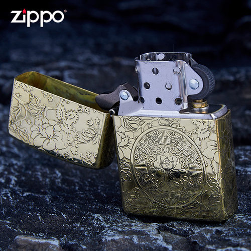 zippo防风点烟煤油打火机精雕黄铜复古国潮富贵牡丹创意个性婚庆
