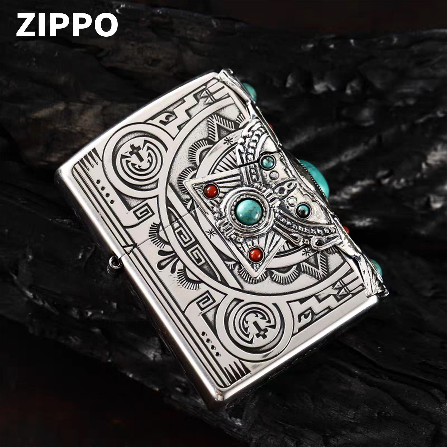 zippo芝宝正品打火机镀银贴章绿松石印第安神灵个性礼物煤油砂轮