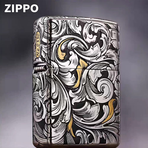 Zippo芝宝正品打火机镶嵌错金银大叶唐草花煤油砂轮机送礼