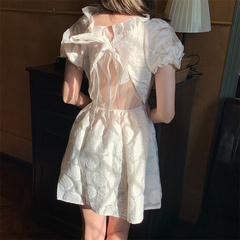 French close waist show thin backless dress fairy summer high waist short sleeve square neck A-line short skirt