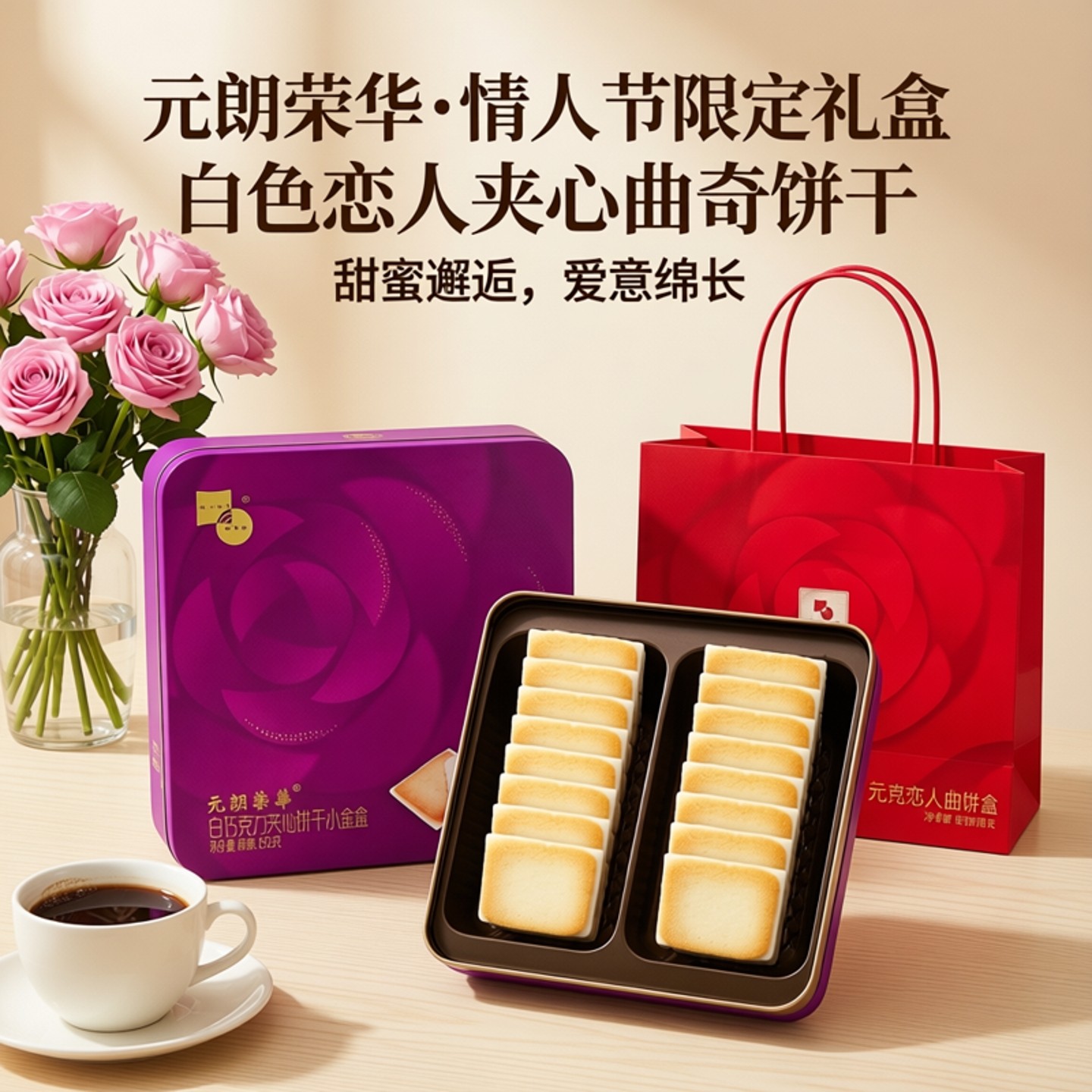 元朗荣华巧克力白色恋人夹心曲奇饼干蝴蝶酥礼盒情人节下午茶零食