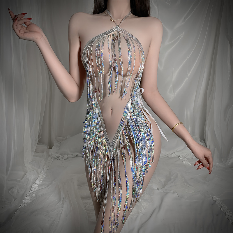 情趣内衣闪亮流苏睡裙夜店女王镂空拉丁亮片流苏制服短裙激情套装