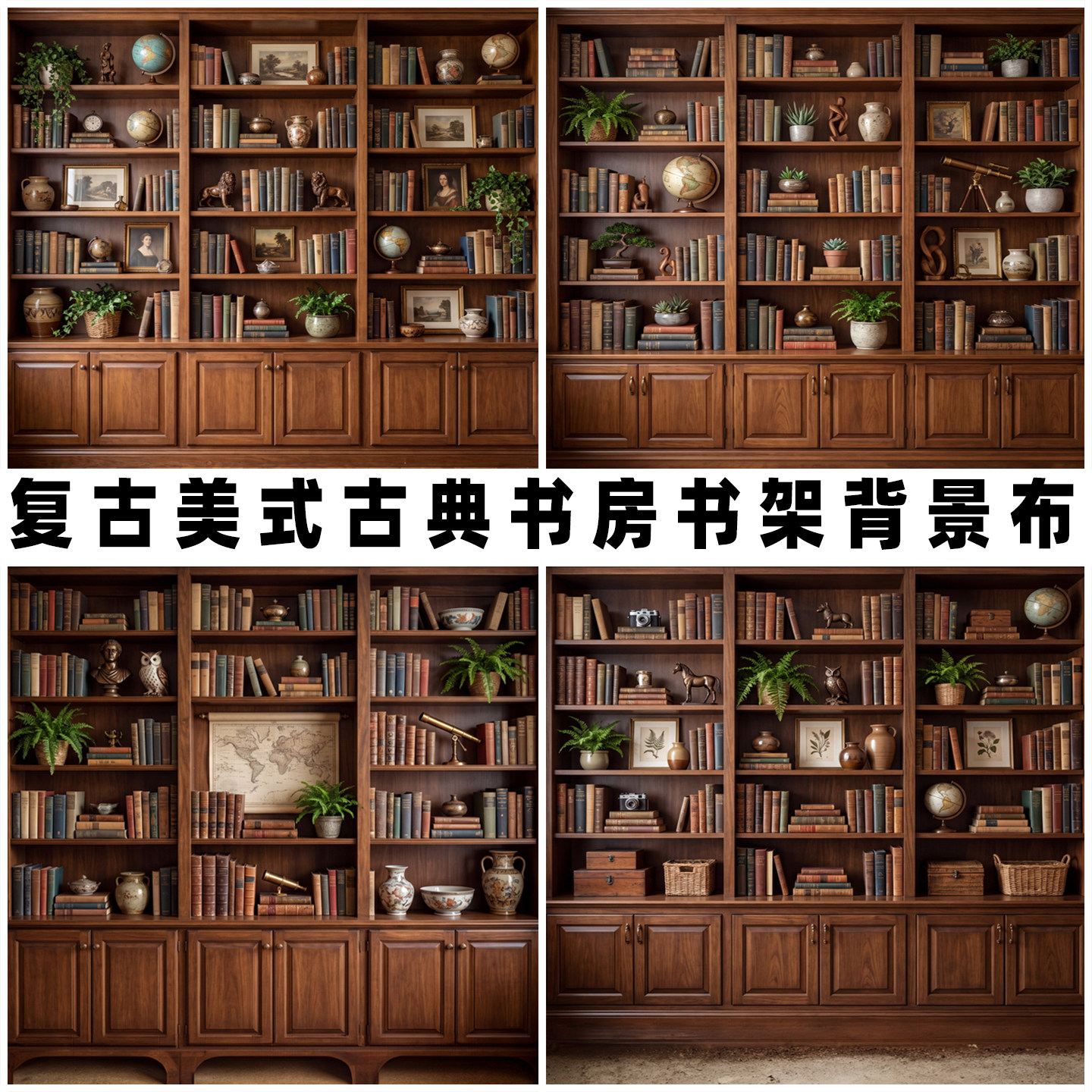 复古美式复古满墙书架摄影背景布