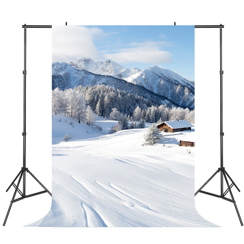 冬天雪景山脚村庄网红数码写真布