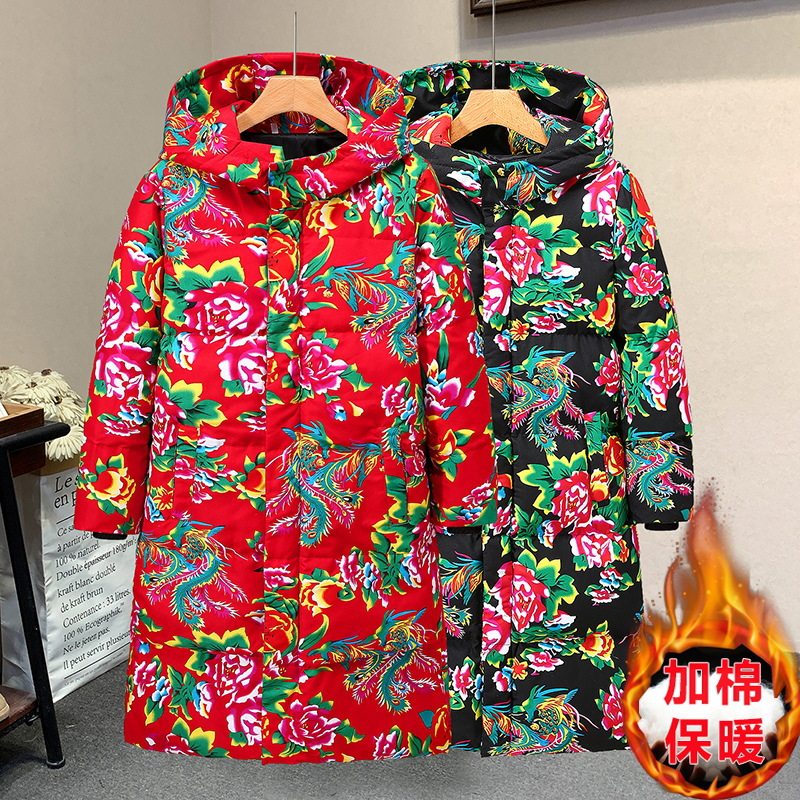 中长款棉衣外套东北大花中国风汉服男女宽松保暖防寒连帽棉袄喜庆