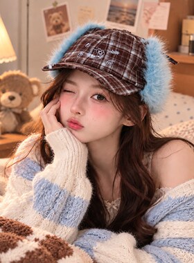 正版凯蒂猫复古英伦格纹棒球帽秋冬可爱风少女心韩系加厚保暖帽子