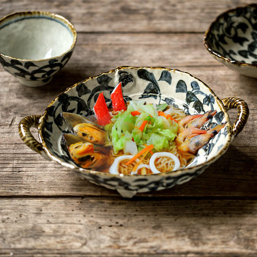 日本进口冰裂釉手作粗陶餐具手绘唐草异形饭碗椭圆盘深盘面碗盘子 - 封面