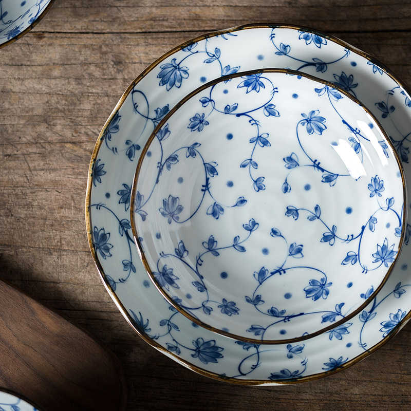 日本进口蔓唐草釉下彩陶瓷碗盘碟