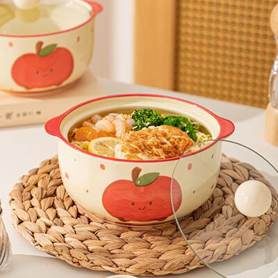 苹果陶瓷泡面碗带盖6英寸大容量宿舍学生螺蛳粉双耳碗一人食饭碗