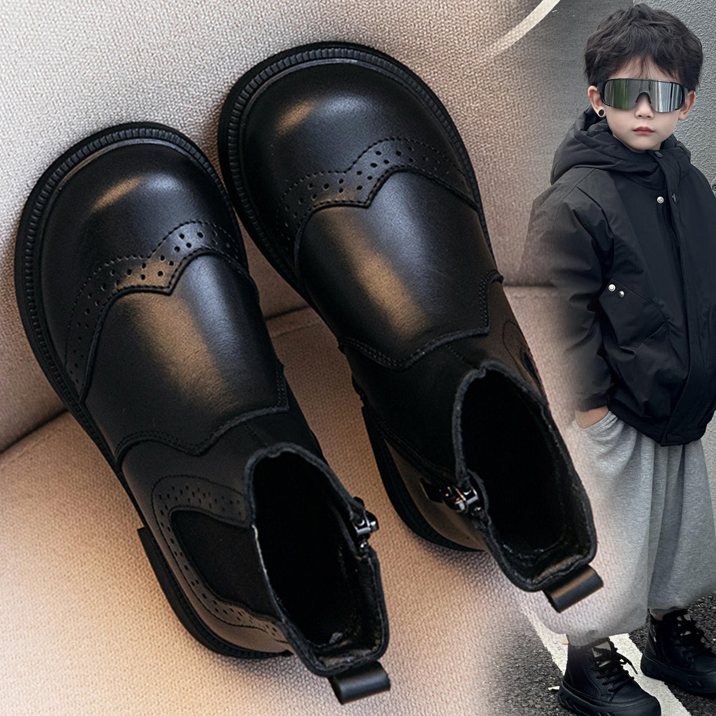 男童马丁靴真皮黑色皮靴