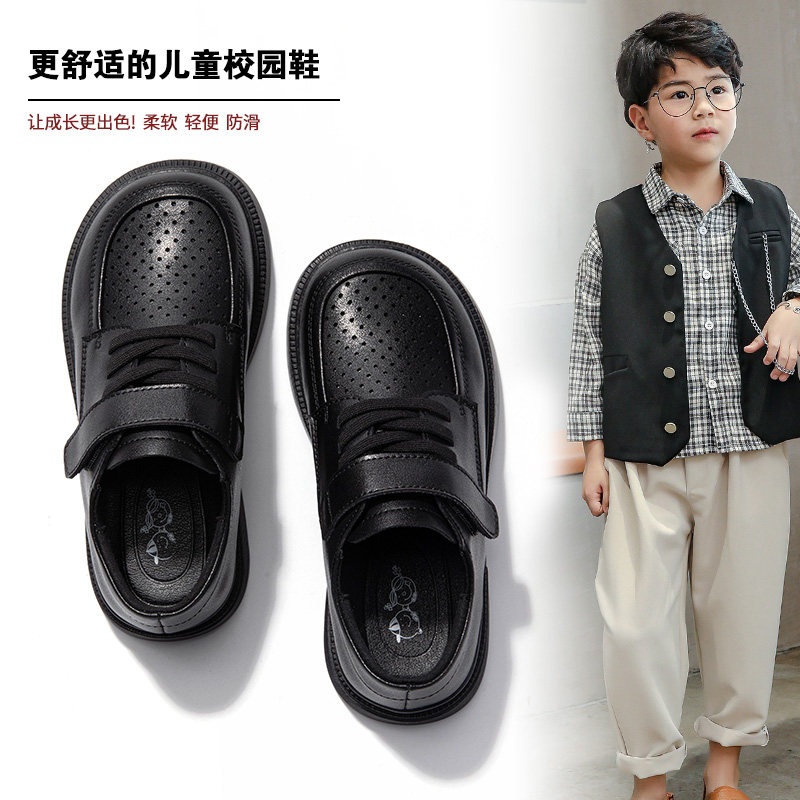 男童皮鞋镂空黑色鞋子春夏新款真皮软底男孩学生大童主持演出单鞋