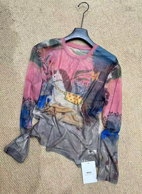 2026年春季新款韩版设计感时尚涂鸦网纱长袖T恤上衣女微透防晒衣