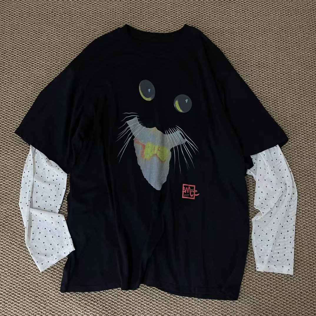 Hhh趣味可爱大眼睛领结猫咪印花T恤女夏季宽松拼接网纱假两件上衣