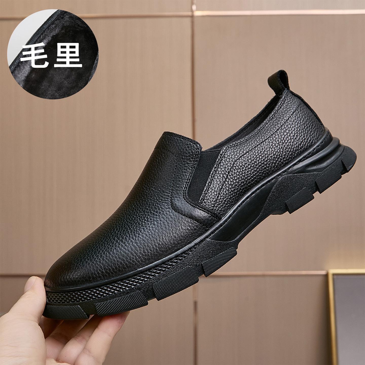 保暖毛里爸爸鞋2025冬新款一脚蹬软皮软底上线舒适真皮中老年男鞋