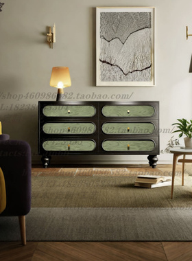 现代中古绿色树瘤实木六斗柜客厅玄关收纳置物柜卧室装饰储物柜子