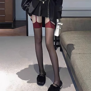 黑性感女吊带一体蕾过膝袜情调长筒袜超薄撞色宽边镂空纯欲jk