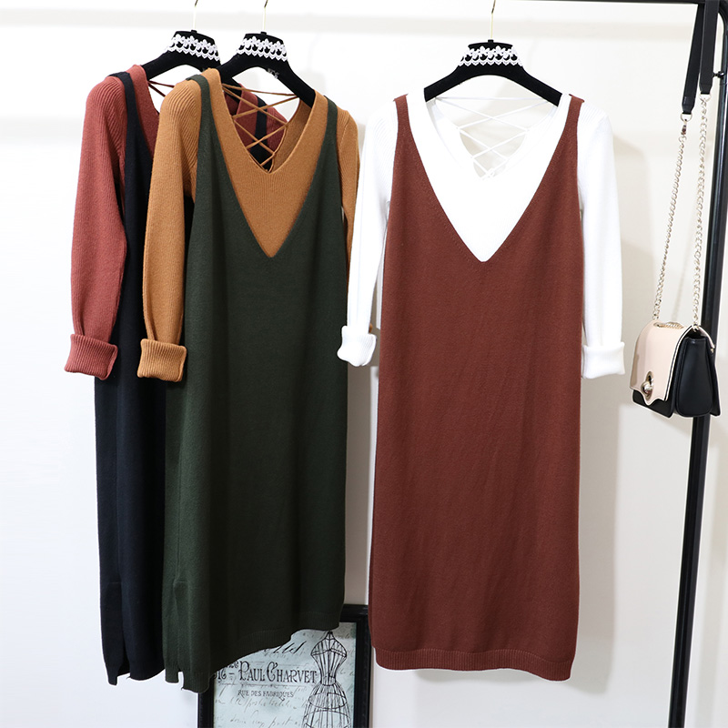 韩版秋季开叉针织弹力吊带连衣裙