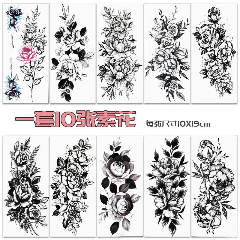 暗黑风纹身贴女防水持久仿真花黑白素花遮疤大图花臂大腿纹身贴纸
