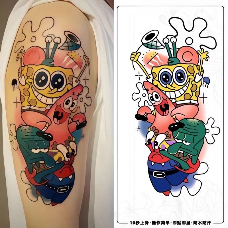 爆款卡通oldschool拼接花臂彩色纹身贴海绵宝宝纸防水ins酷潮男女