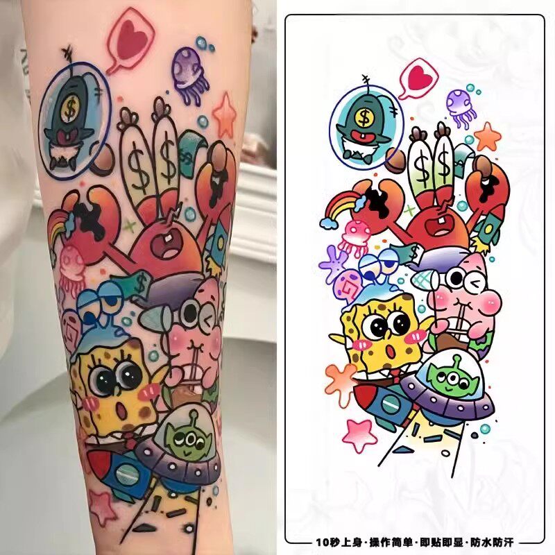 拼接海绵宝宝花臂彩色纹身贴纸ins风防水女卡通可爱手臂锁骨贴纸