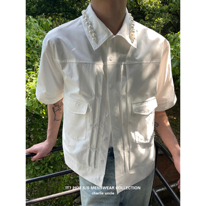 查理uncle 23年夏季新品奢华帅气贵公子高档气质珍珠装饰短袖衬衫