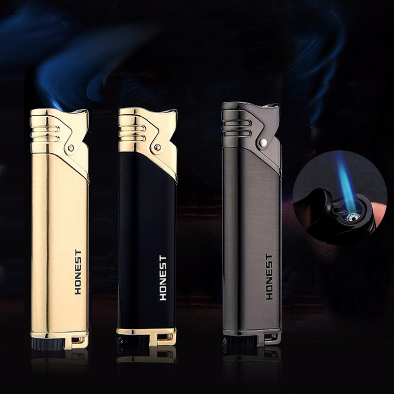 百诚超薄个性充气打火机防风气体男士创意金属直冲蓝焰雪茄点烟器