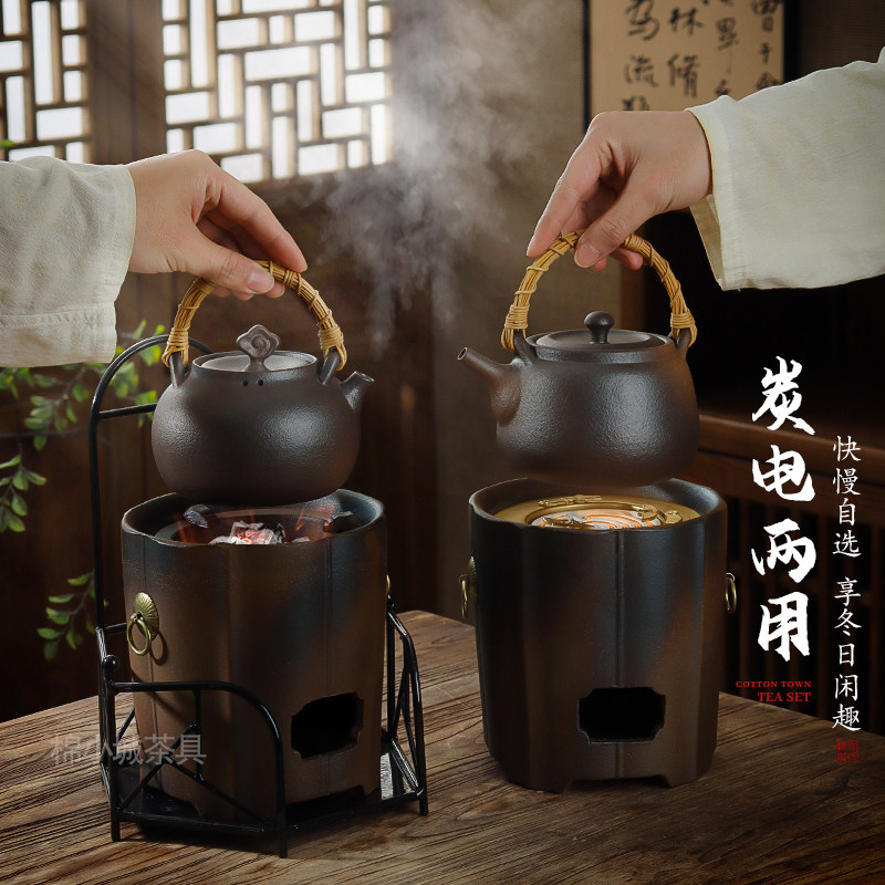 手编藤条提梁茶壶煮茶陶壶禅意复古手工柴烧釉变煮碳炉木炭炉茶具