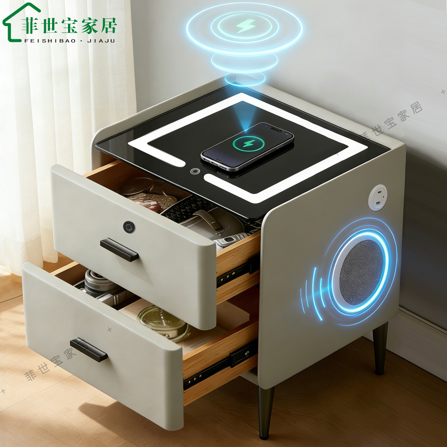智能床头柜无线充电岩板LED灯带音响密码锁储物柜现代简约床边柜