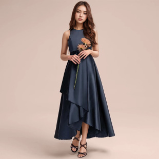 女儿童钢琴考级比赛洋气红色小提琴演奏礼服裙前短后长缎面公主裙