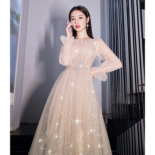 晚礼服女2025新款香槟色长袖宴会气质简约显瘦主持人艺考连衣裙